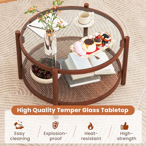 Rattan Round Glass Coffee Table with Storage Shelf X477709