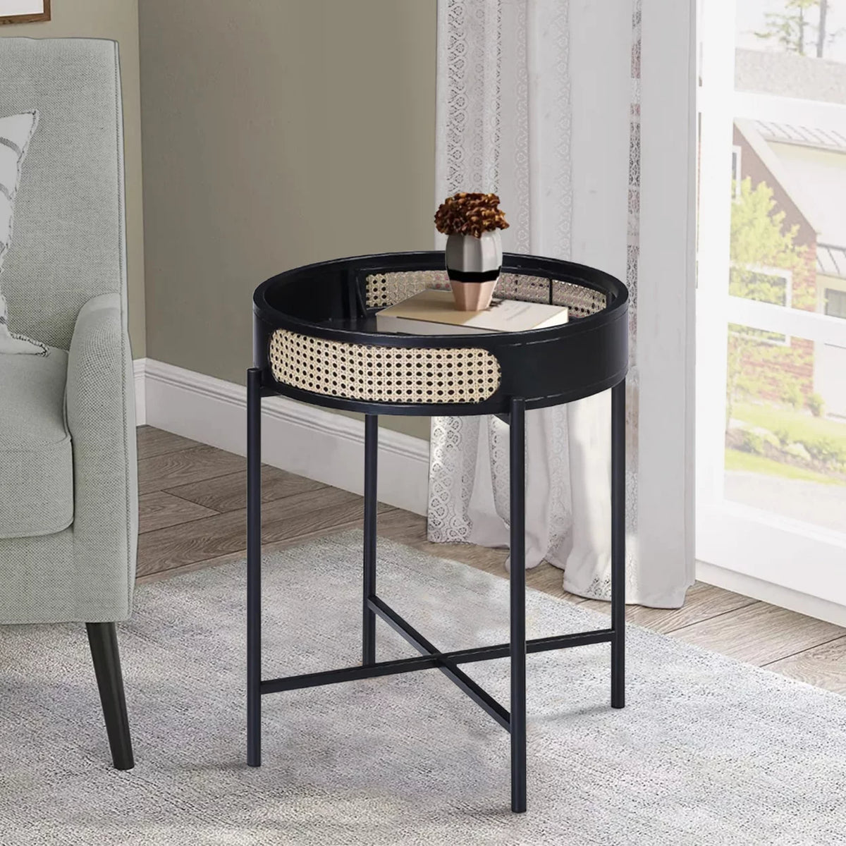 24 Inch Round End Table Rattan Accent Metal Legs Black L716400