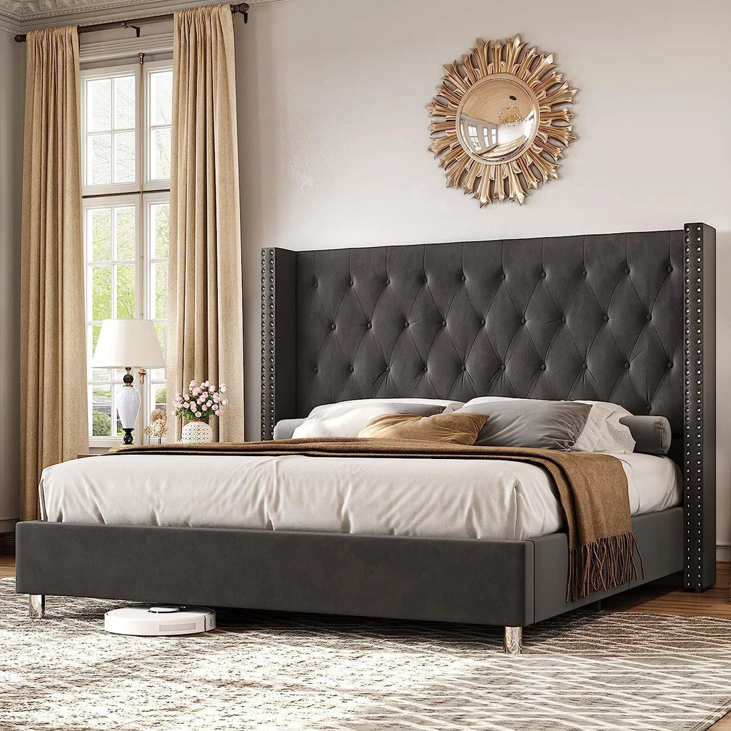 King Size Velvet Upholstered Platform Bed Frame N797