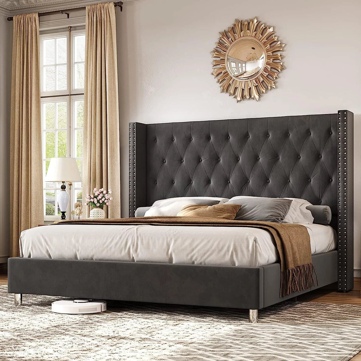 King Size Velvet Upholstered Platform Bed Frame N797
