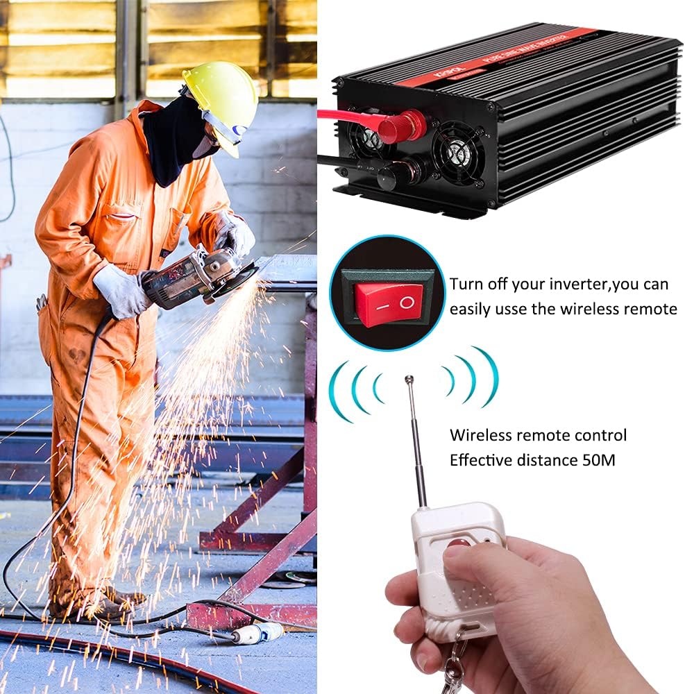 1000 Watt Pure Sine Wave Inverter 12v DC to 110/120v AC with Wireless Remote Control M955