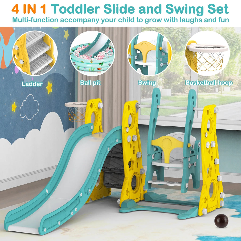 6 in 1 Toddler Slide and Swing Set with Basketball Hoop J305349