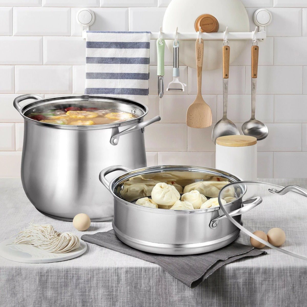 2-Tier Stainless Steel Steamer Pot with Tempered Glass Lid V391359