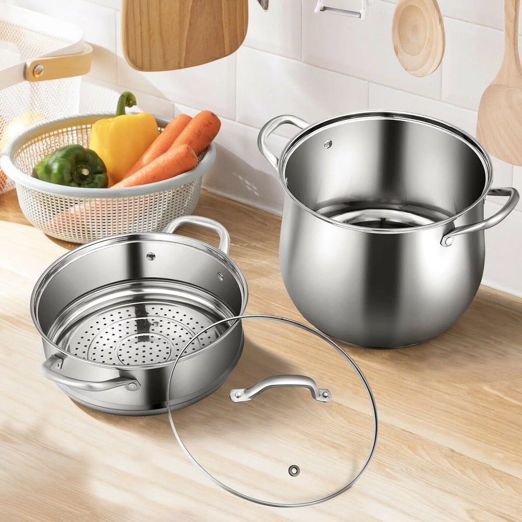 2-Tier Stainless Steel Steamer Pot with Tempered Glass Lid V391359