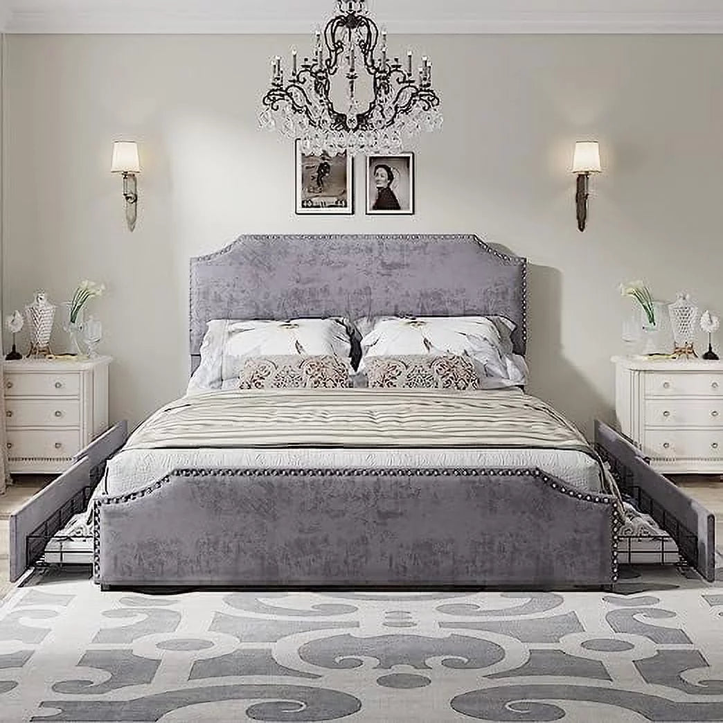 King Size Velvet Upholstered Platform Bed Frame with 4 Storage Drawers and Headboard X447248