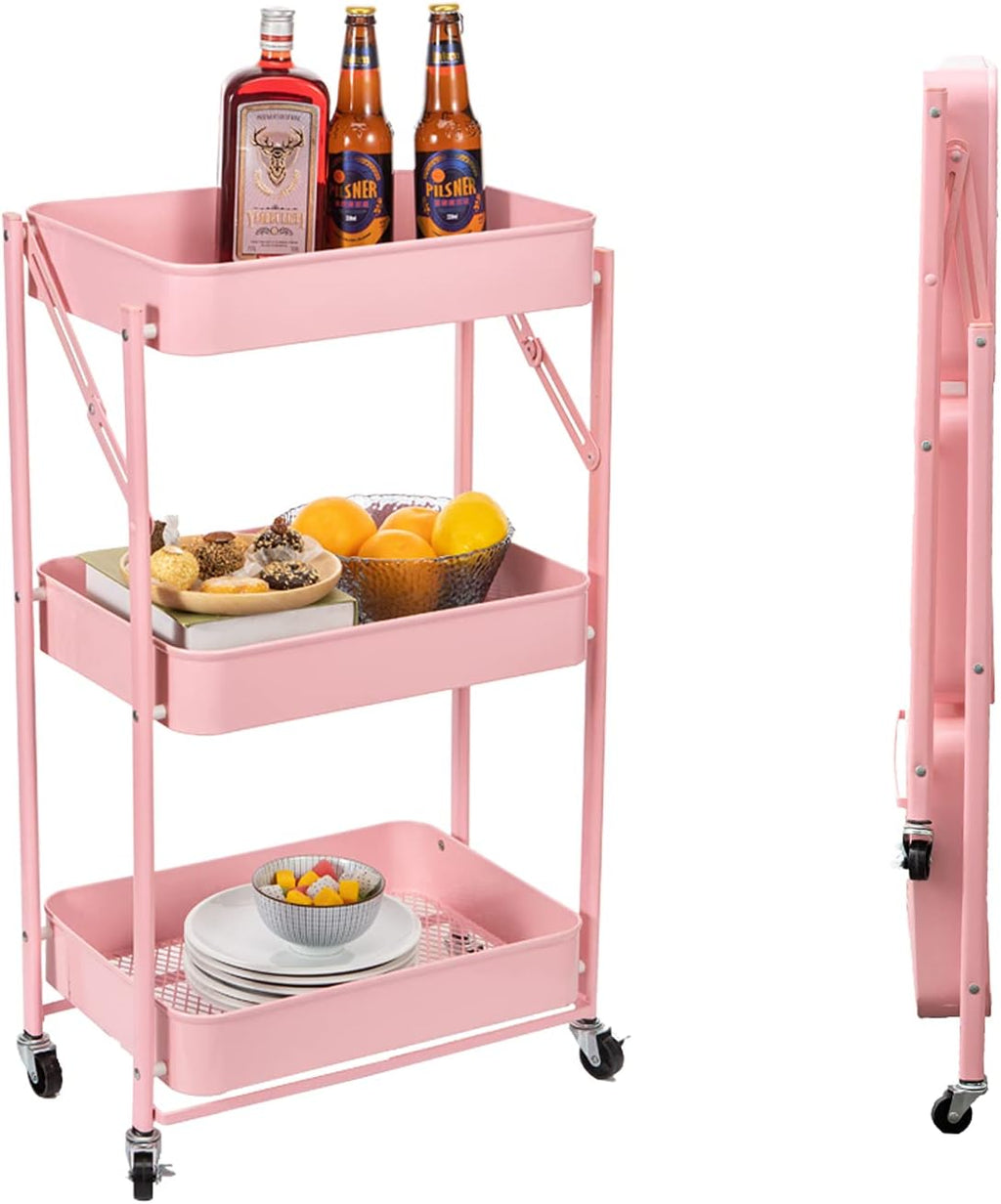 3 Tier Foldable Metal Rolling Cart with Wheels (Pink) S4930