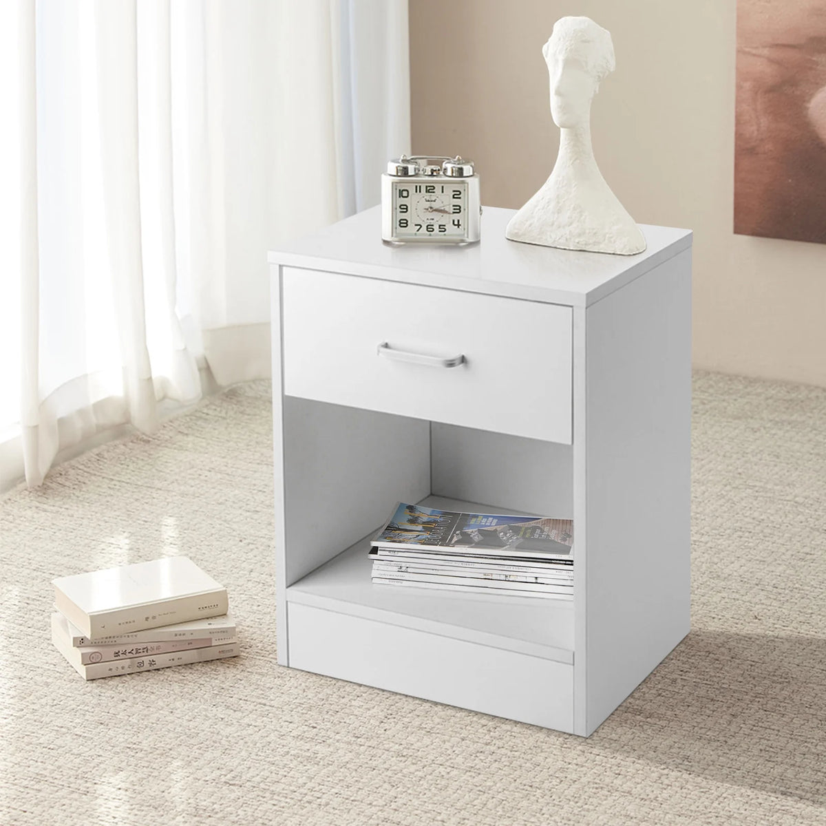 White Wood Nightstand with Storage Drawers V150