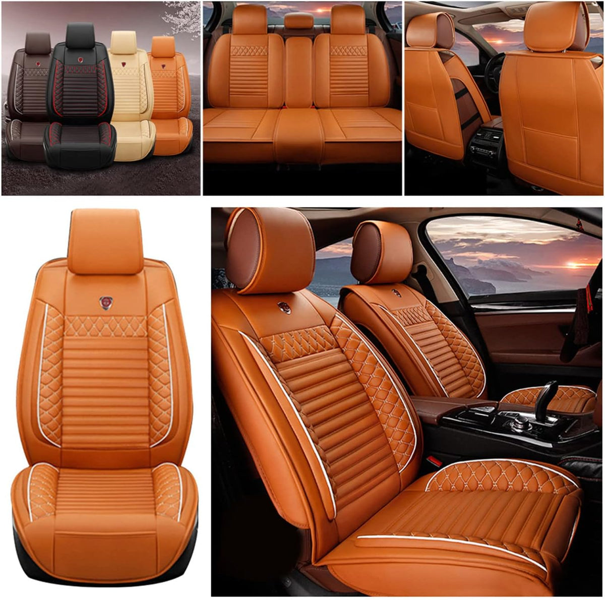 Beige PU Leather Waterproof Car Seat Cover Protectors A350234