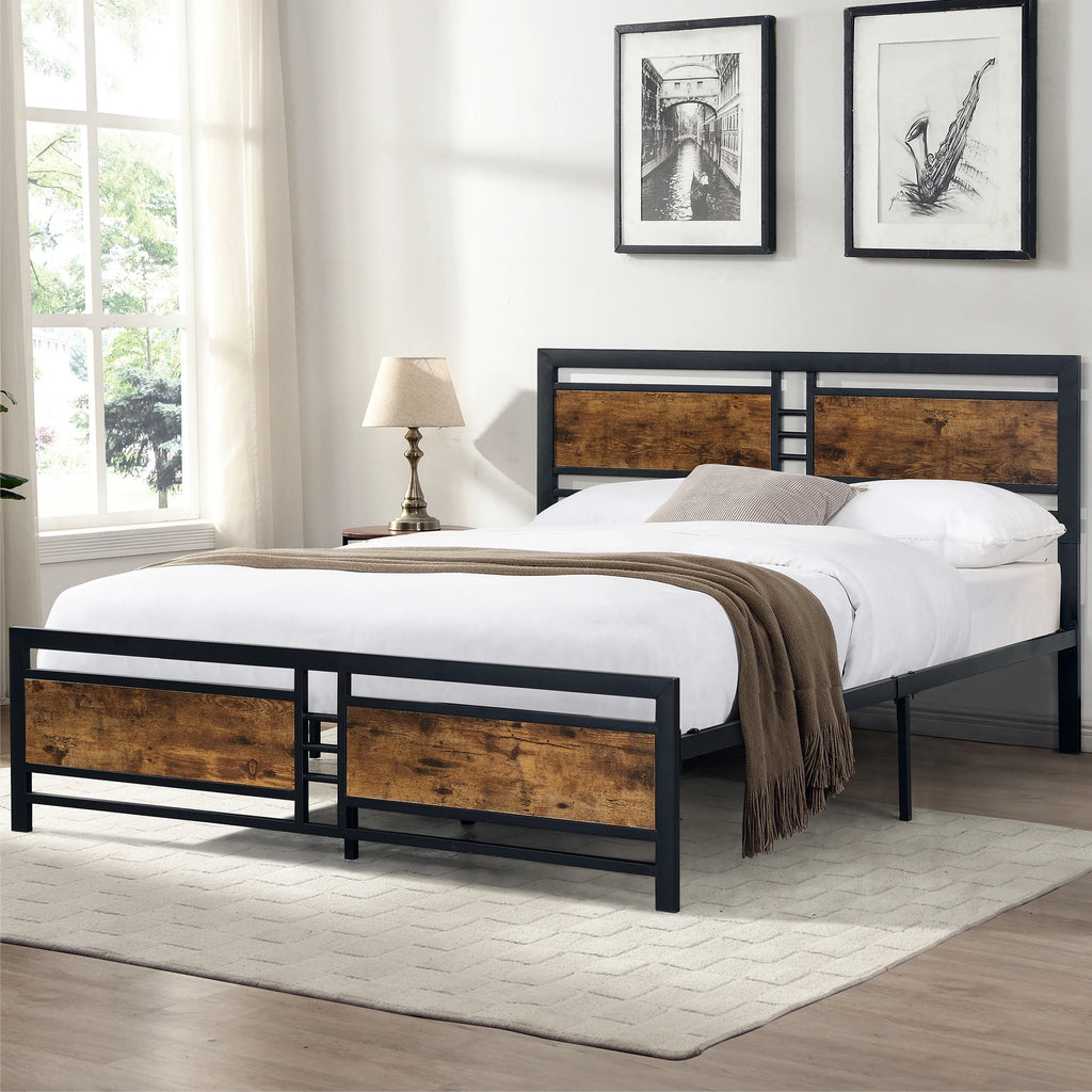 Black Full Size Wooden Headboard Metal Bed Frame W357