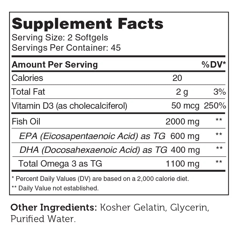 Omega 3 Fish Oil + Vitamin D3 2,000 mg 90 Softgels C4957