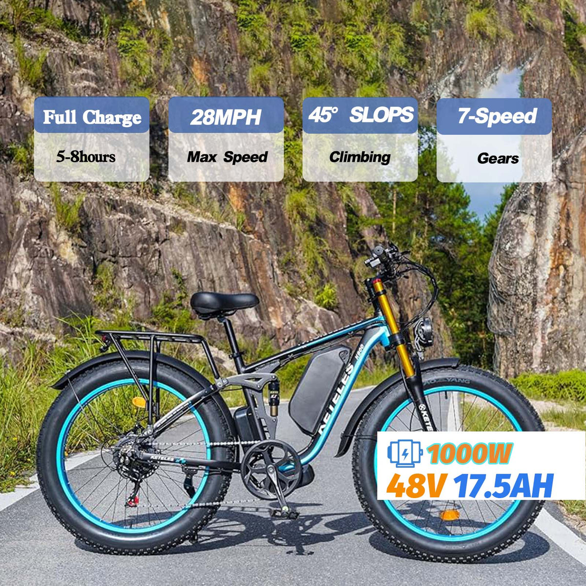 26" Electric Mountain Bike with 48V 17.5Ah Removable Battery 1000W Full Suspension Dual Hydraulic Disc Brake N121