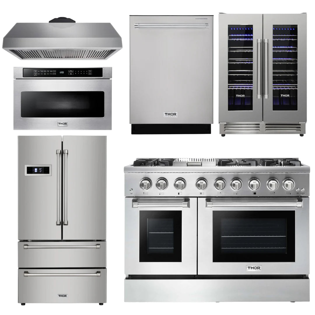 48 Propane Dual Fuel Range, Range Hood, Refrigerator, Dishwasher, Microwave, Wine Cooler A12979