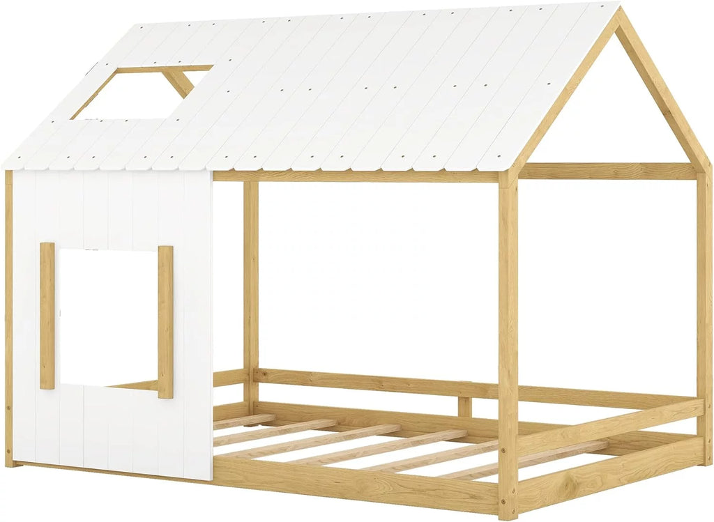 White Natural Full Size Wood House Bed with Roof and Window J267