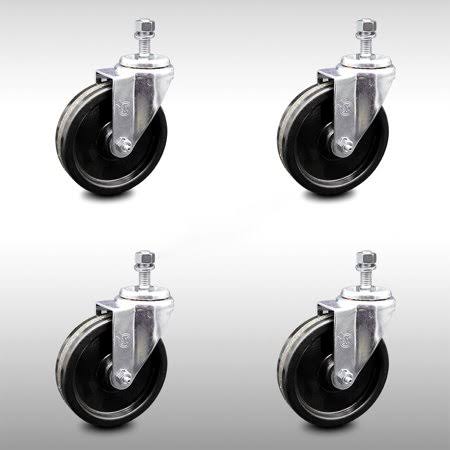 Stainless Steel Phenolic Swivel Threaded Stem Caster Set of 4 with 5 inch x 1.25 inch Black Wheels and 12mm Stems P804539