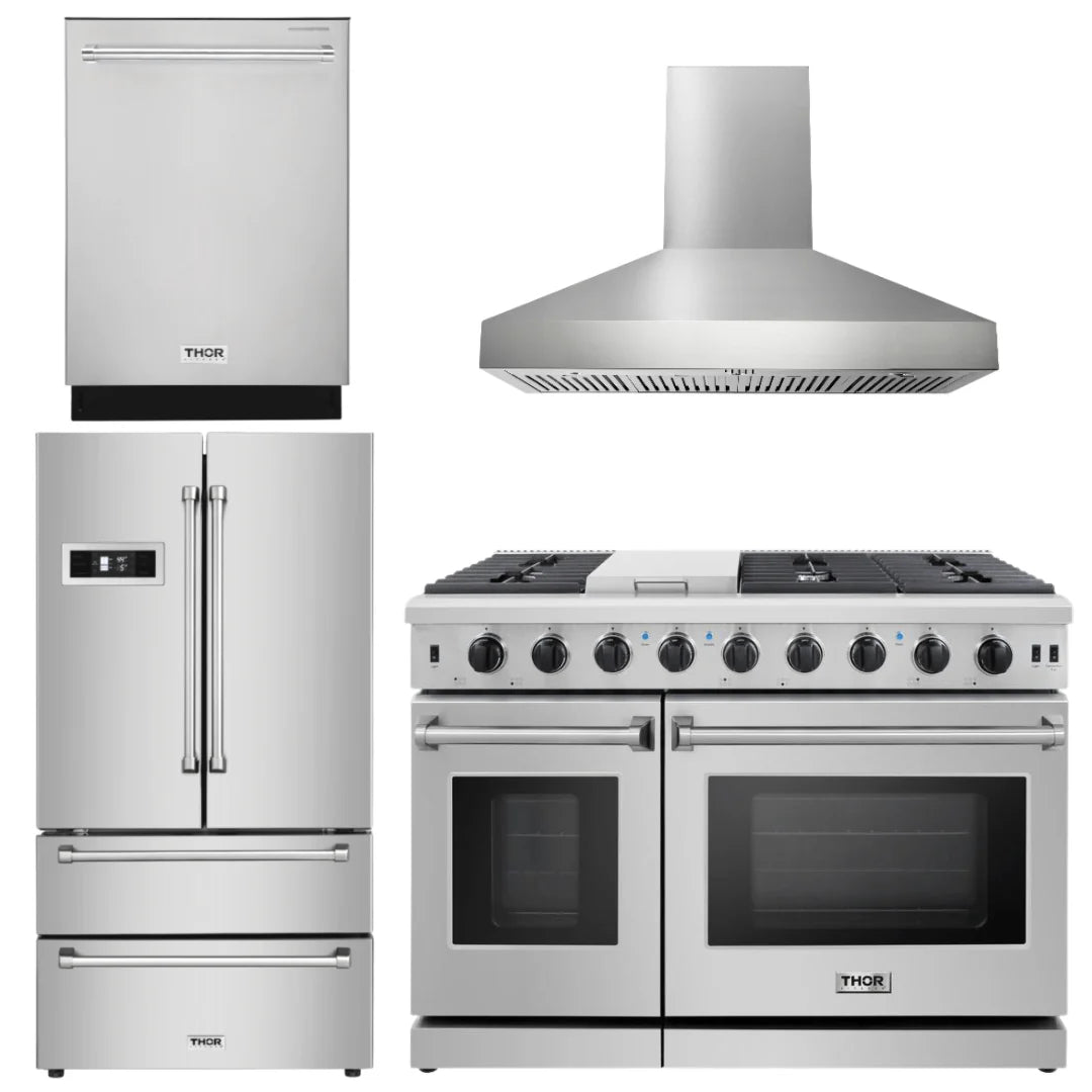48 in. Gas Range, Range Hood, Dishwasher, Refrigerator M914