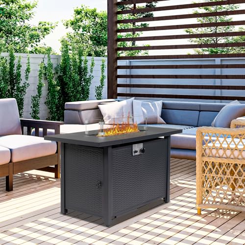 43 Inch Propane Fire Pit Table with Lid and Metal Tabletop, 50,000 BTU Gas Fire Pit Table with 6.6 Pounds Lava Stones M284656