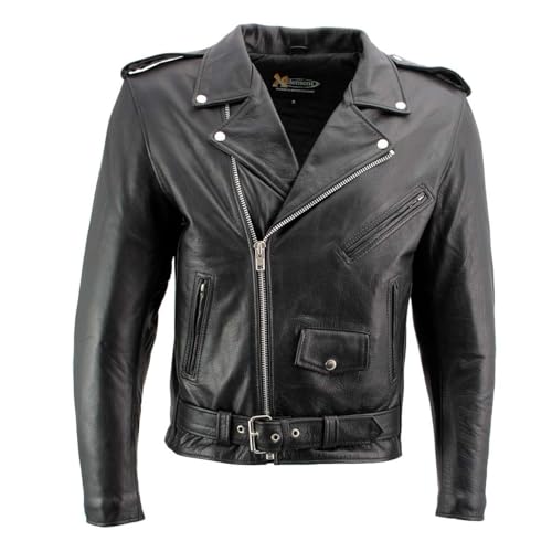 Black High-Grade Leather Motorcycle Biker Jacket with Armor Protection P1372