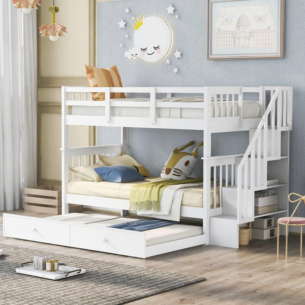 Solid Wood Twin-Over-Twin Bunk Bed with 3 Storage Drawers and Staircase (Grey) K708