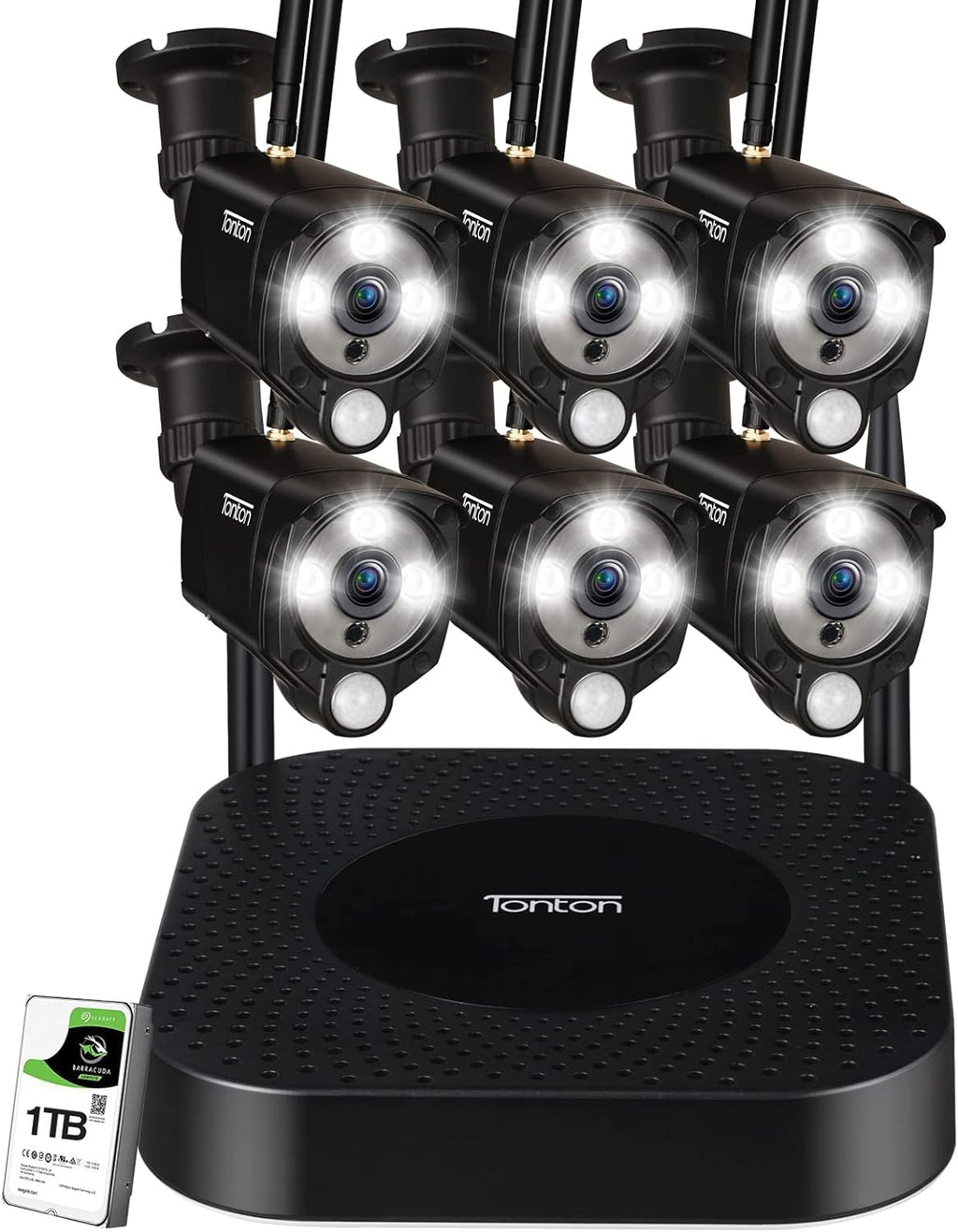 8CH NVR with 1TB HDD and 6PCS 3MP Outdoor Bullet Cameras with PIR Sensor and Floodlight (Black) T27374