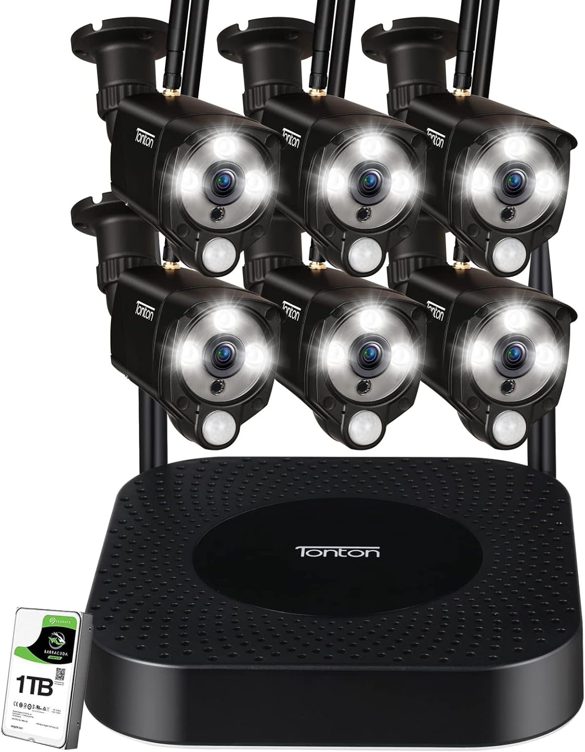 8CH NVR with 1TB HDD and 6PCS 3MP Outdoor Bullet Cameras with PIR Sensor and Floodlight (Black) T27374