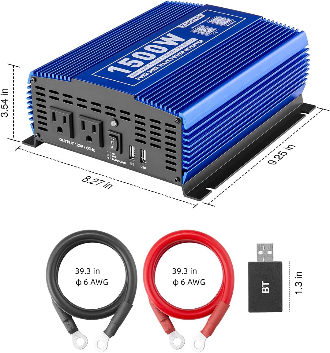 1500W Pure Sine Wave Power Inverter 12V DC to 110V AC with Bluetooth P908