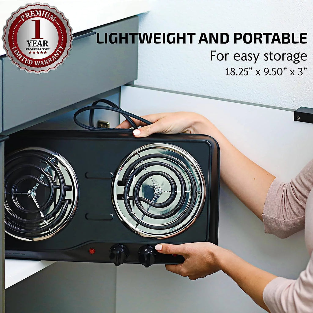 Electric Countertop Double Burner 1700W Stainless Steel Coil Black G323010