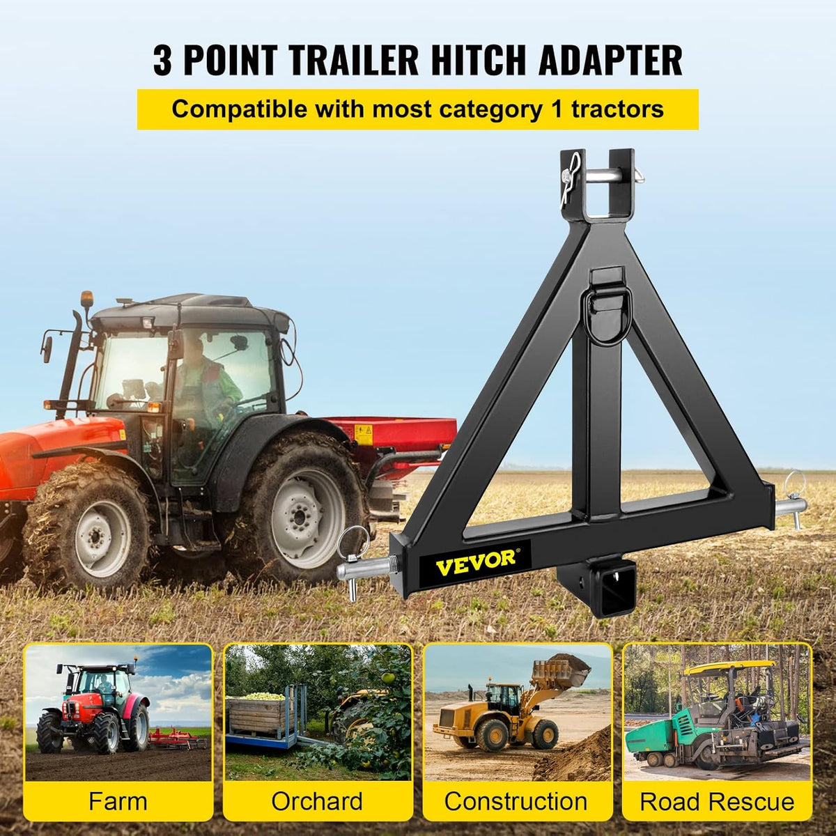 3 Point Trailer Hitch Heavy Duty 2In Receiver Hitch Category 1 33In Black D312016