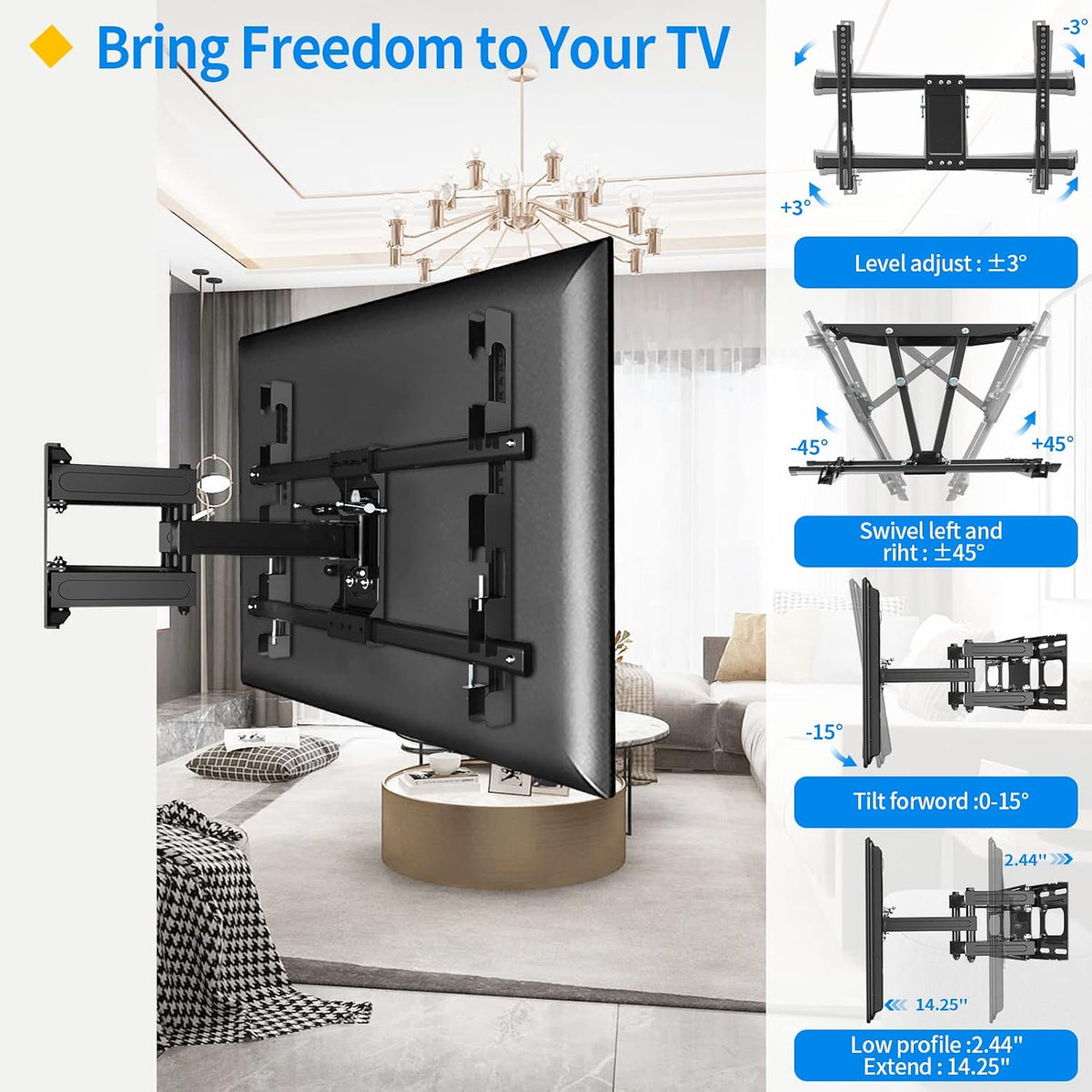 Full Motion TV Wall Mount for 37-75 Inch LED Flat Curved TVs, Max VESA 600x400mm, Holds 121 LBS, Pack of 2 A770