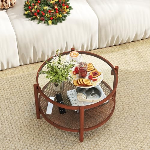 Rattan Round Glass Coffee Table with Storage Shelf X477709
