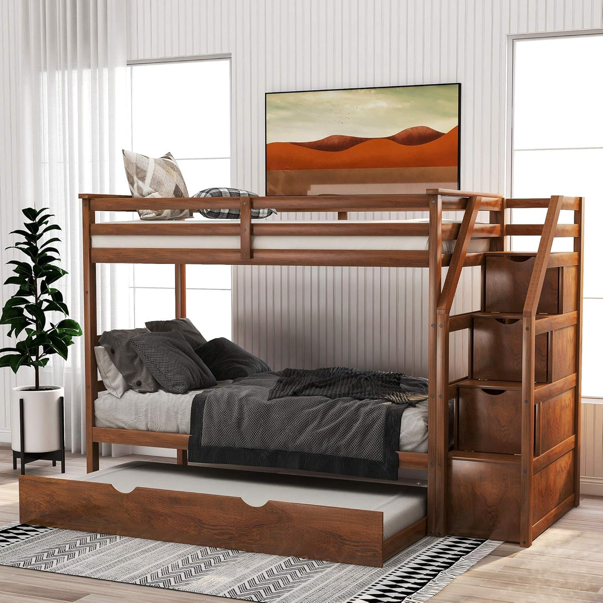 Solid Wood Twin-Over-Twin Bunk Bed with 3 Storage Drawers and Staircase (Grey) K708