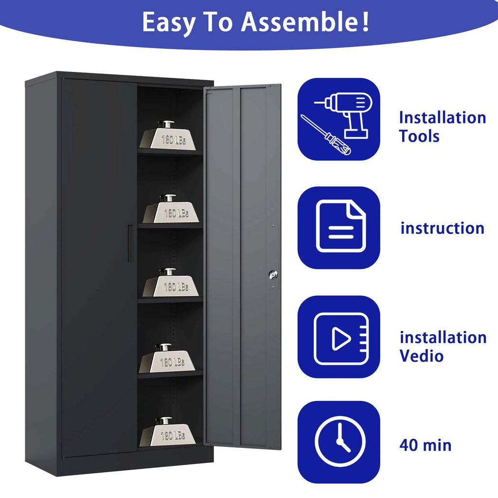 Black Metal Locking Storage Cabinet with 4 Shelves I971499