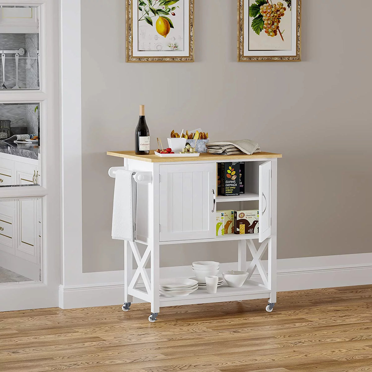 White Kitchen Island on Wheels with Storage Cabinet and Drop Leaf G3567