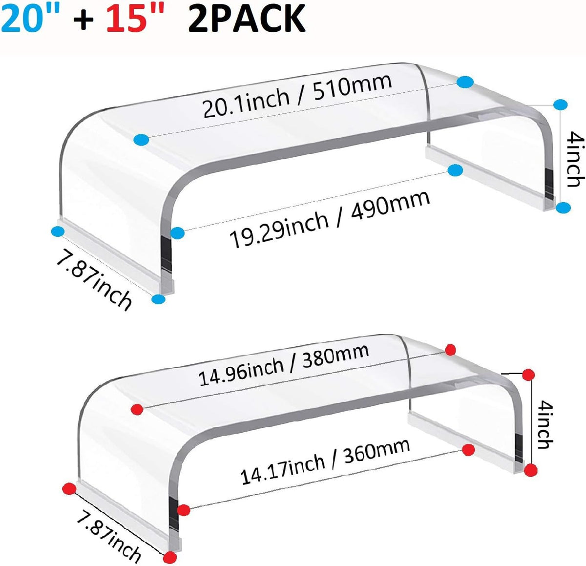 Acrylic Transparent Corner Computer Monitor Stand Riser 2 Pack 20” and 15” DIY Desktop Stand Riser Organizer with Anti-Slip Case C448