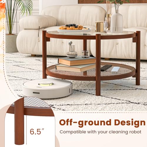 Rattan Round Glass Coffee Table with Storage Shelf X477709