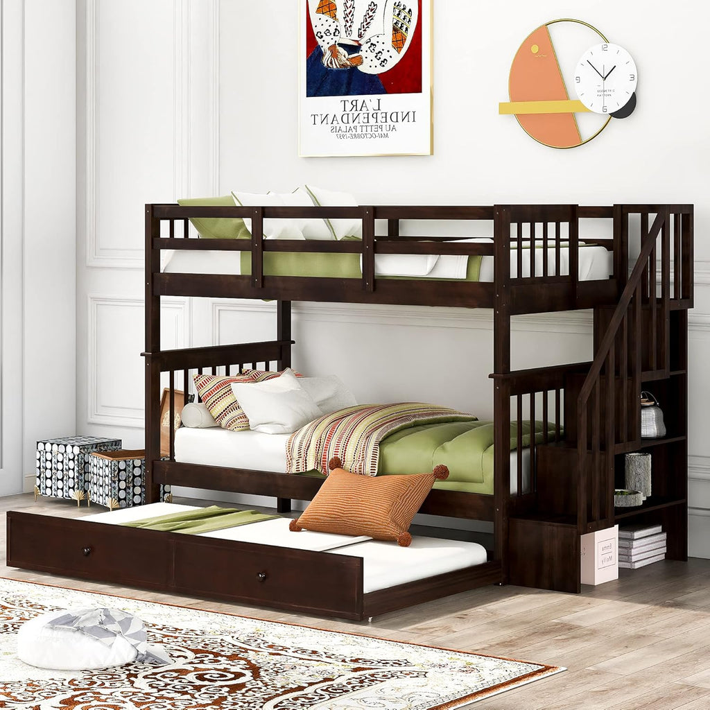 Solid Wood Twin-Over-Twin Bunk Bed with 3 Storage Drawers and Staircase (Grey) K708