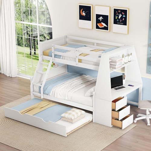 Twin Over Full Wooden Bunk Bed with Desk and Trundle G903253