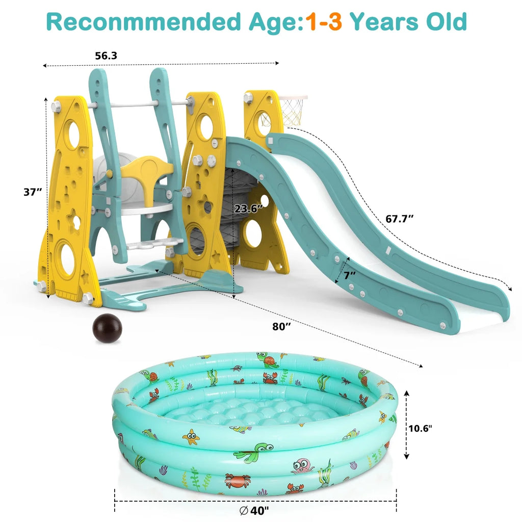 6 in 1 Toddler Slide and Swing Set with Basketball Hoop J305349