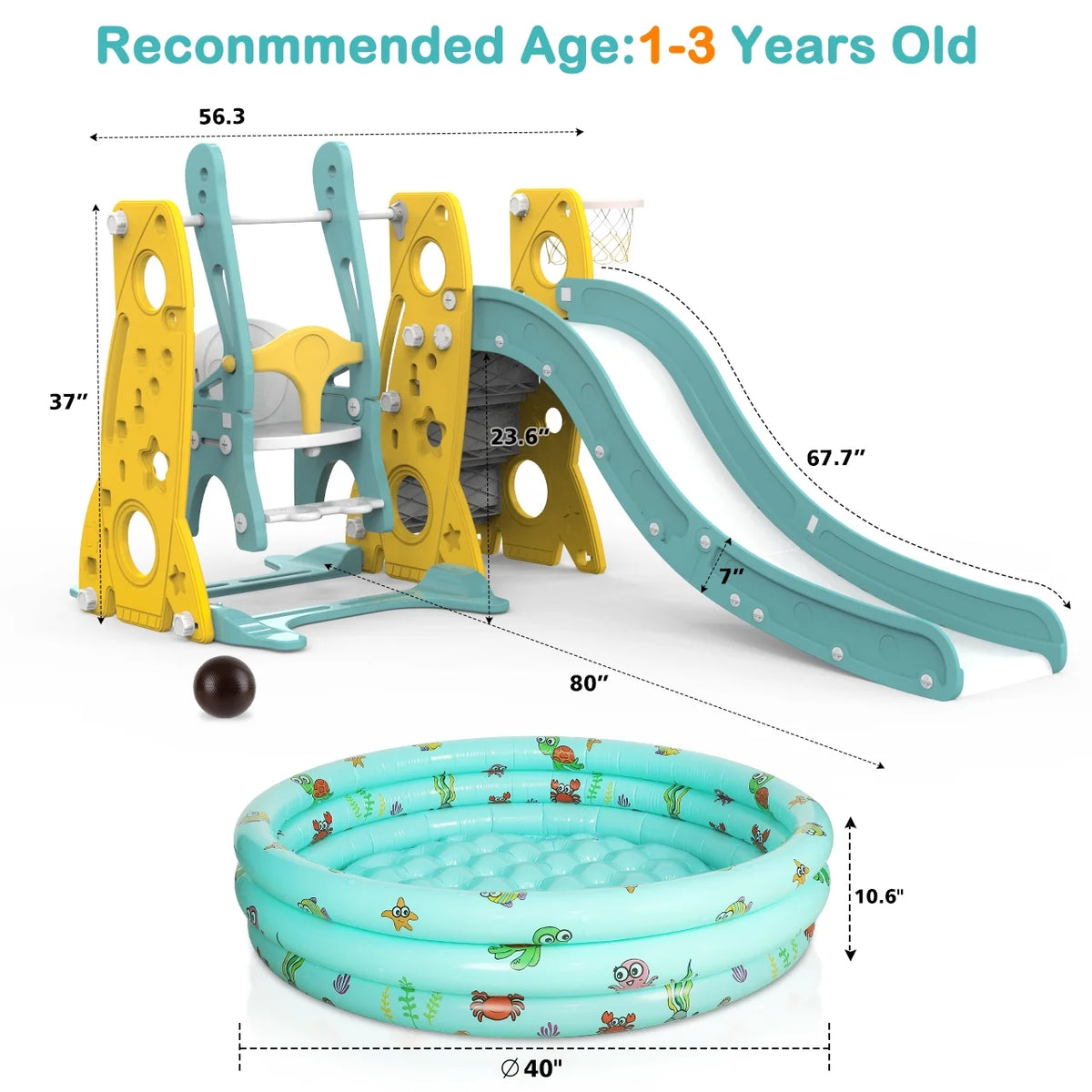 6 in 1 Toddler Slide and Swing Set with Basketball Hoop J305349