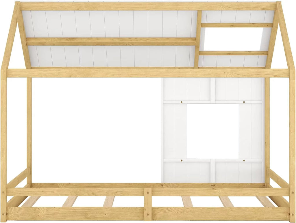 White Natural Full Size Wood House Bed with Roof and Window J267