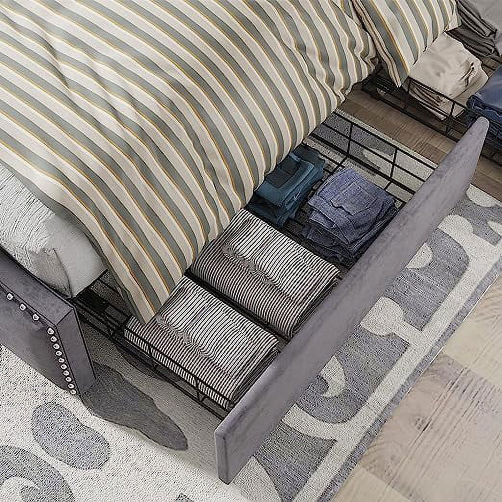 King Size Velvet Upholstered Platform Bed Frame with 4 Storage Drawers and Headboard X447248