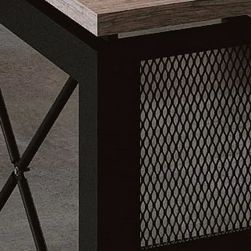 60"W x 32"D LShaped Desk with Pedestal Weathered Walnut Laminate Top/Black Accents V4066