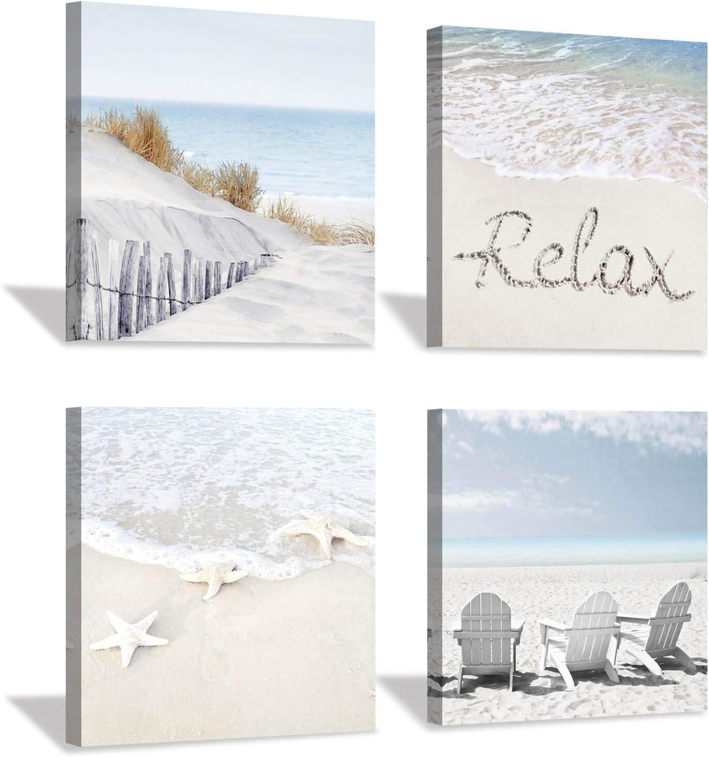 Beach Wall Art Starfish Chairs on Sand Canvas 12” x 12'' 4 Panels K37847