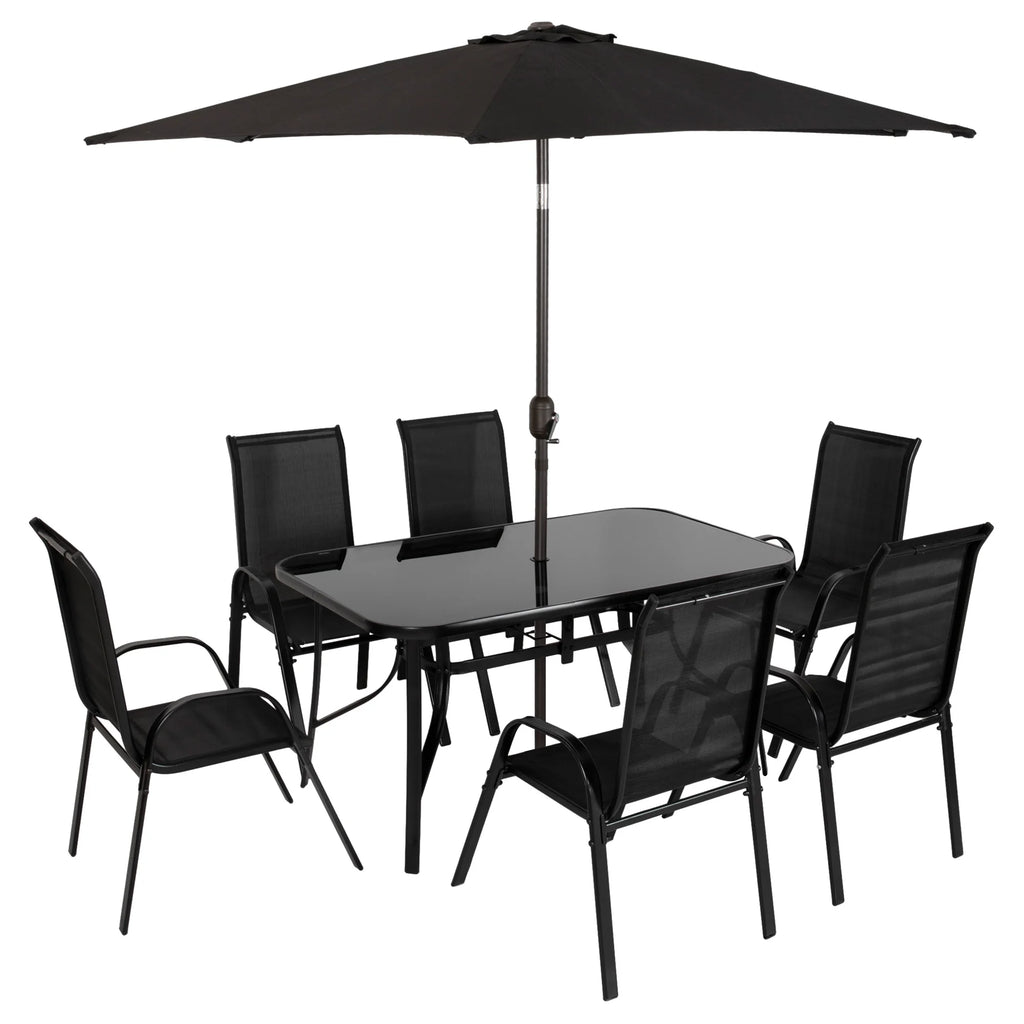 Black Patio Dining Set for Six with Umbrella U898563