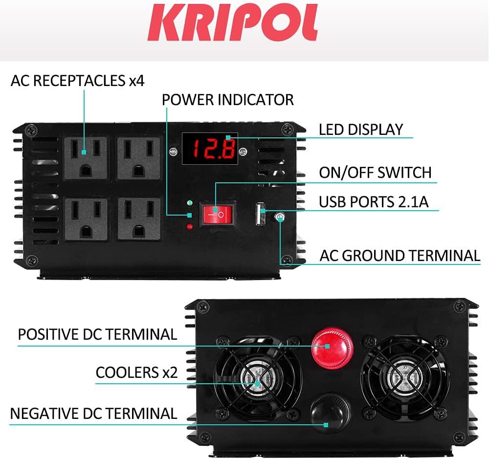 1000 Watt Pure Sine Wave Inverter 12v DC to 110/120v AC with Wireless Remote Control M955