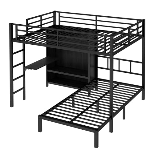 Metal Bunk Bed Full XL Over Twin L-Shaped Bunk Beds with Desk and Shelves T965517