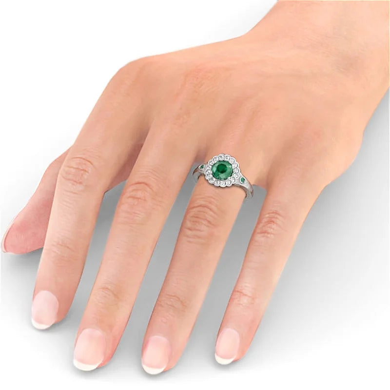 14K White Gold Floral Halo Round Cut Emerald Real Diamond Ring Size 7.5 P330