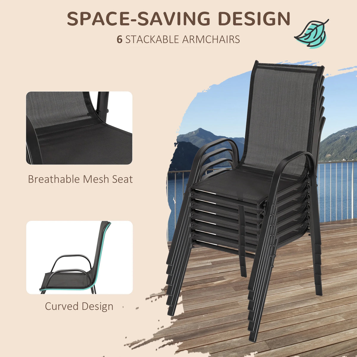 Black Patio Dining Set for Six with Umbrella U898563
