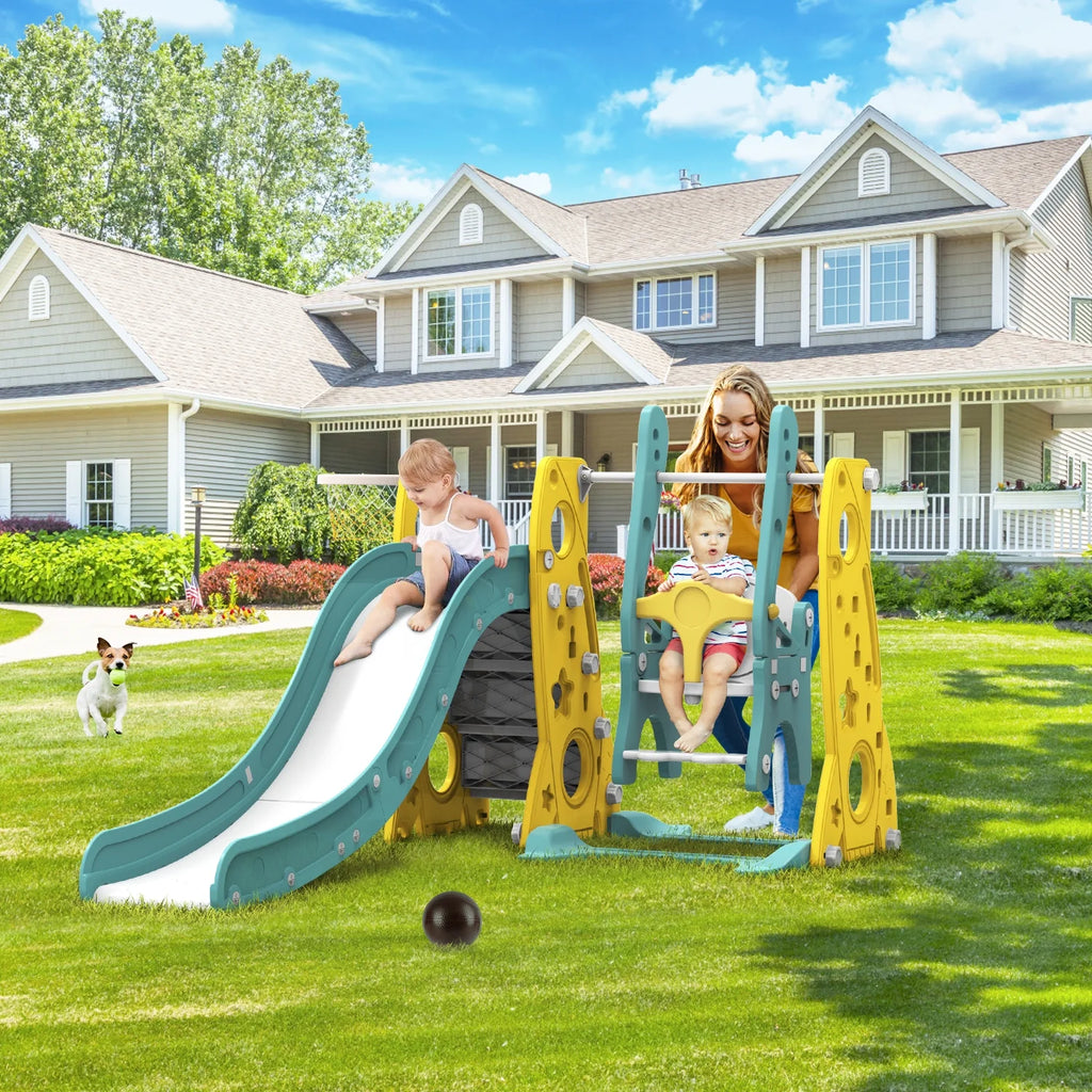 6 in 1 Toddler Slide and Swing Set with Basketball Hoop J305349