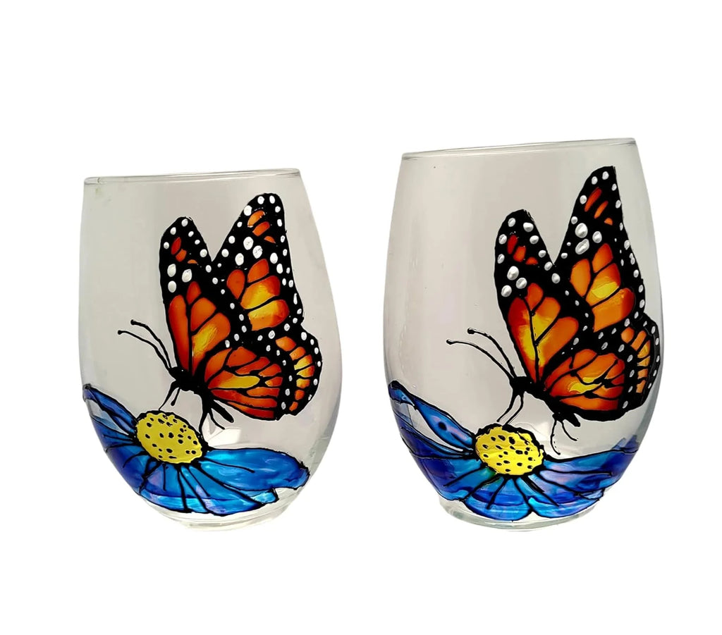Hand Painted Stemless Wine Glasses Set Of 2 G5208