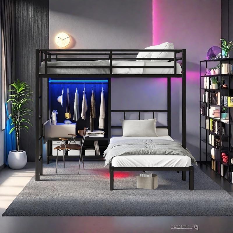 Metal Bunk Bed Full XL Over Twin L-Shaped Bunk Beds with Desk and Shelves T965517